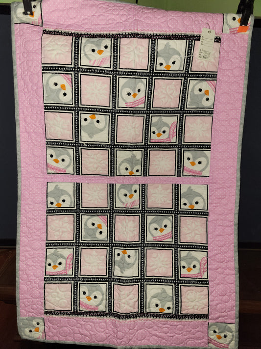 Pink Penguins Baby Quilt